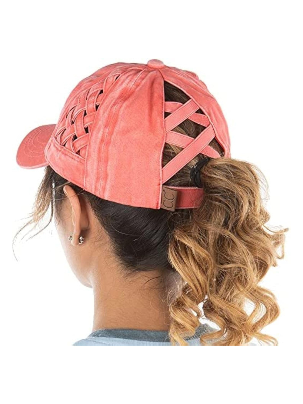 Criss Cross Ponytail Cap, Messy Bun Distressed | Basketweave, Coral | Size OS
